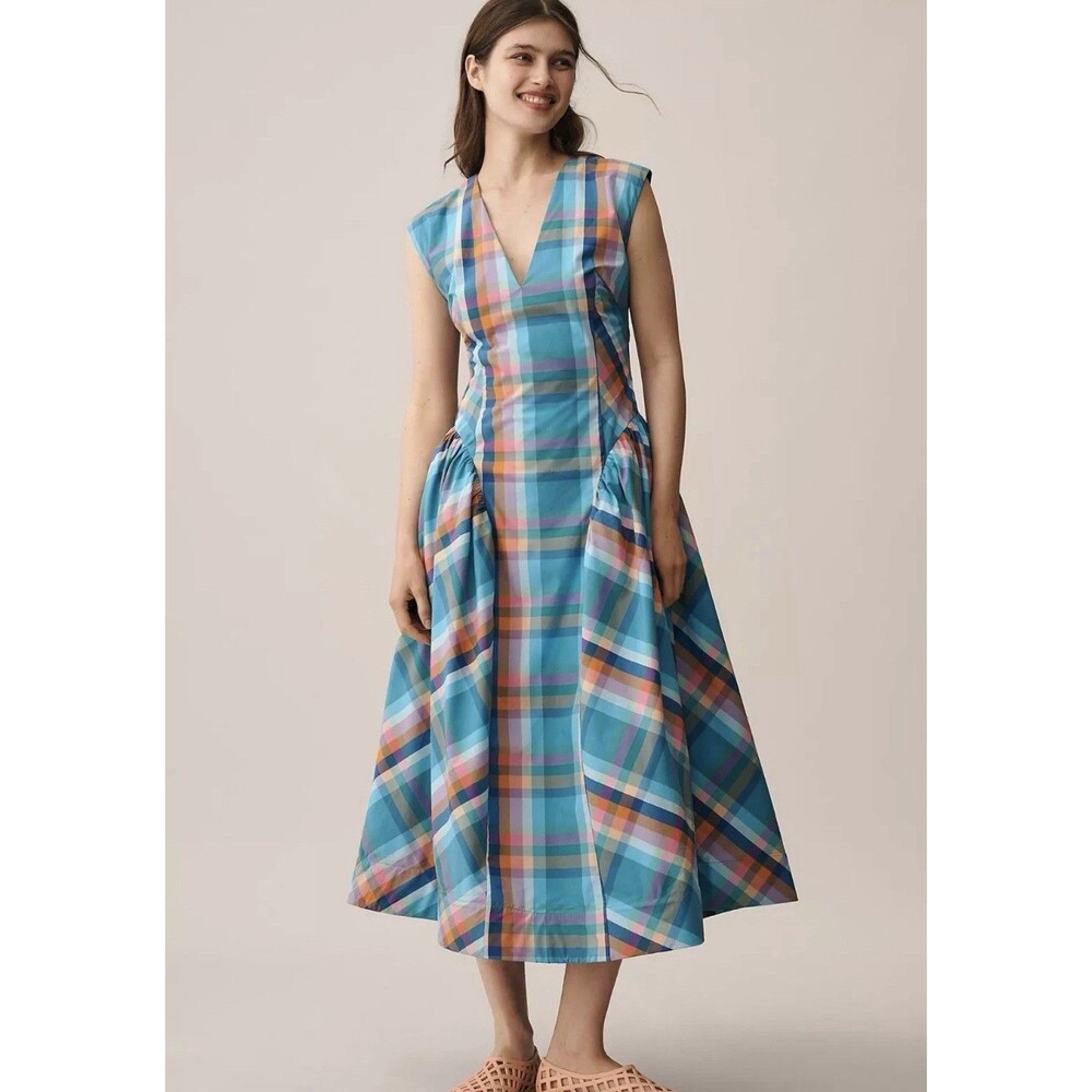 Maeve Sleeveless V-Neck Basque-Waist Midi Dress XS P New With Tags Plaid Gingham